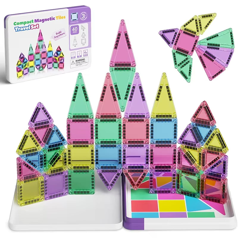 Mini Magnetic Tiles Building Blocks 40PCS - Montessori Educational Magnet Travel Construction Set with Iron Storage Box, Airplane Activities Toys
